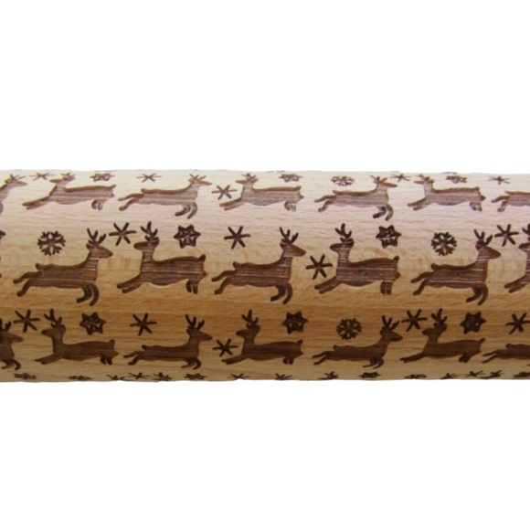 Holiday Embossed Reindeer Wooden Christmas Cookie Decorating Rolling Pin - Picture 1 of 2